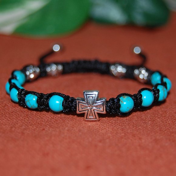 Rosary Bracelet,Drawstring Rosary Bracelet,Turquoise Beads,Cross Rosary Bracelet - Picture 2 of 3